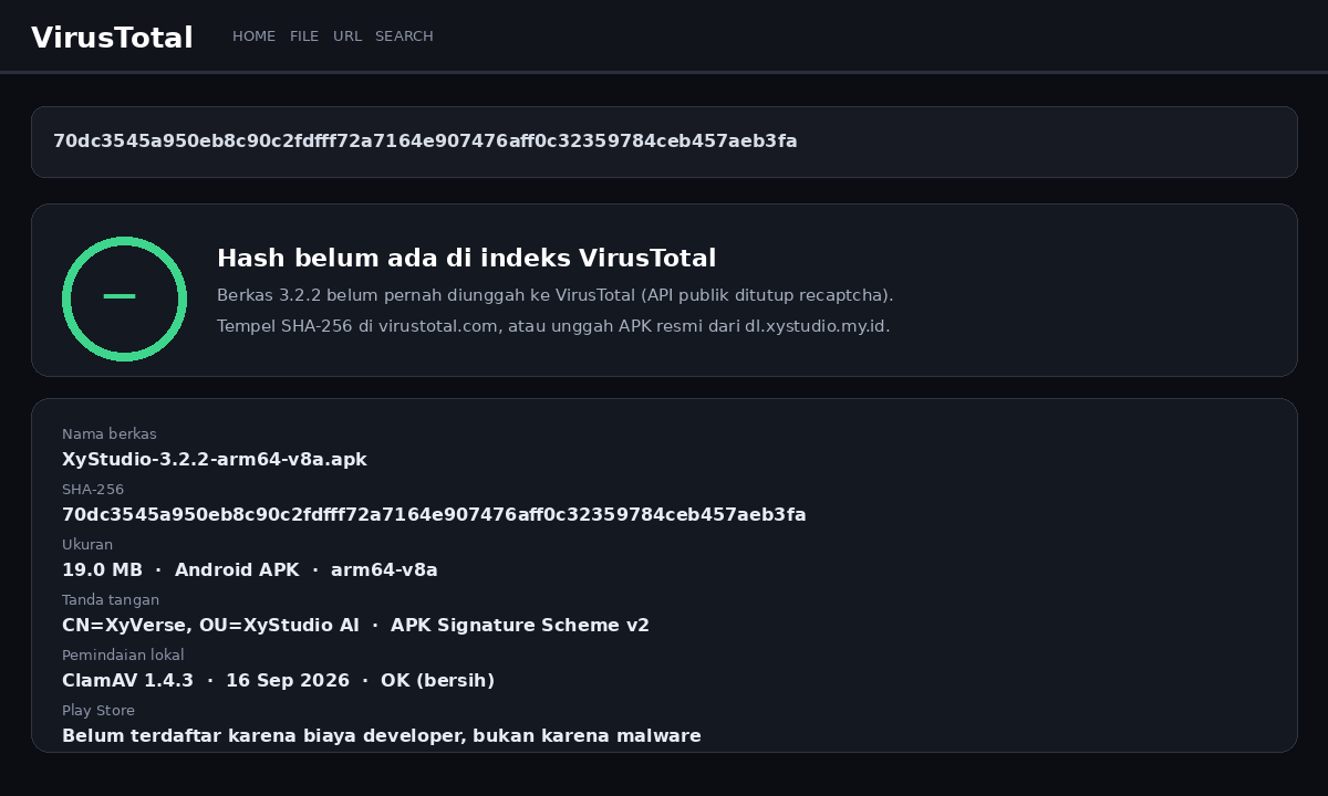 Kartu hash VirusTotal untuk APK XyStudio 3.2.2